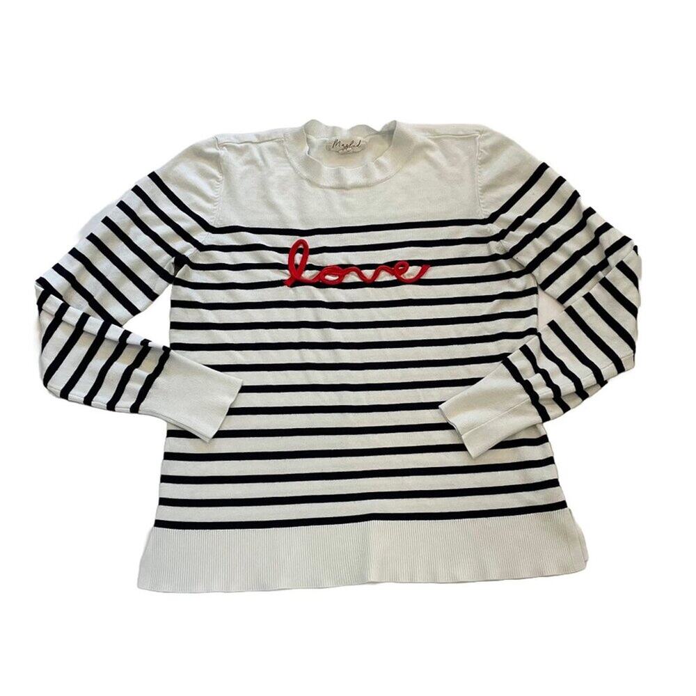Marled Black White Parisian Stripe Long Sleeve Crew Neck Sweater "Love" Size M